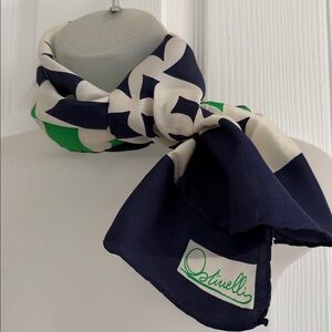 VTG Ostinelli Navy, Green & White Geo /Abstract Pattern Scarf. Italy. Silk